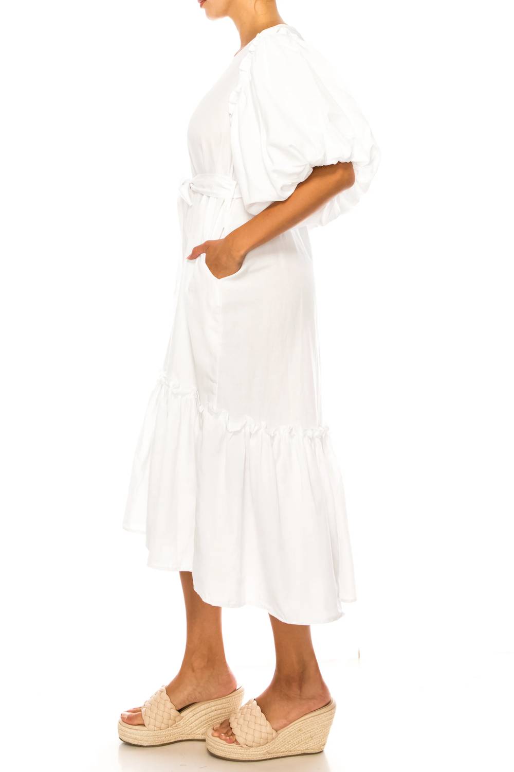 Vivid - Short Puff Sleeve Belted Tiered Skirt Dress