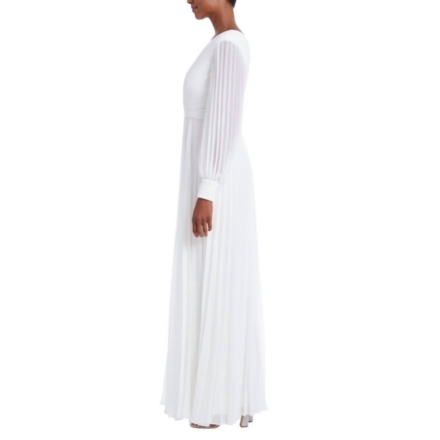 Badgley Mischka - Pleated Long Sleeve V Neck Gown