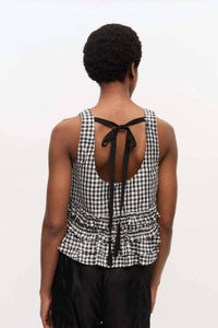 Ganni - Crinkled Taffeta Check Open Back Frilled Top