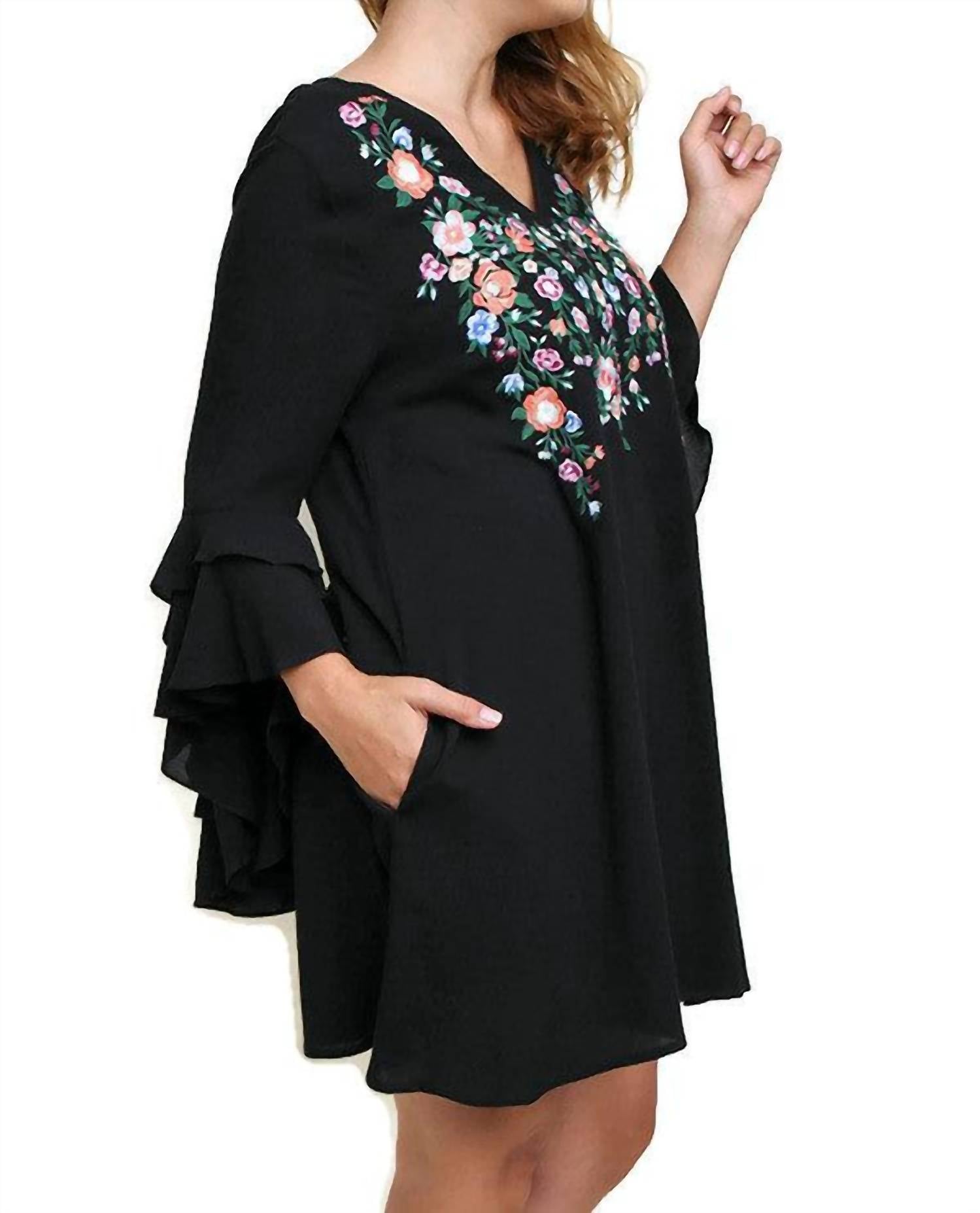 umgee Layered Ruffle Sleeve Mini Dress in black - women's dress - detail view