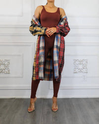 Surelymine - Distressed Long Plaid Patches Shacket