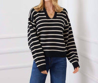 Karen Kane Stripe Polo Sweater in black with ecru - women's sweater - view 7