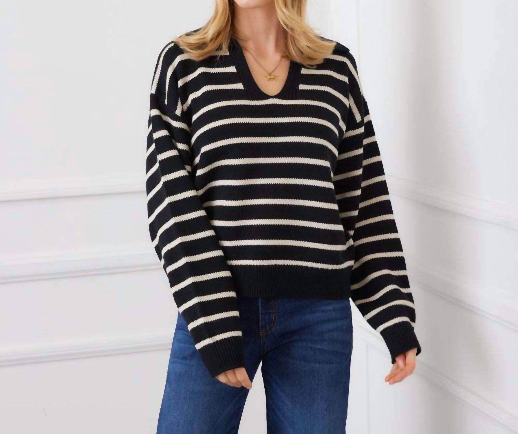 Karen Kane Stripe Polo Sweater in black with ecru - women's sweater - view 7