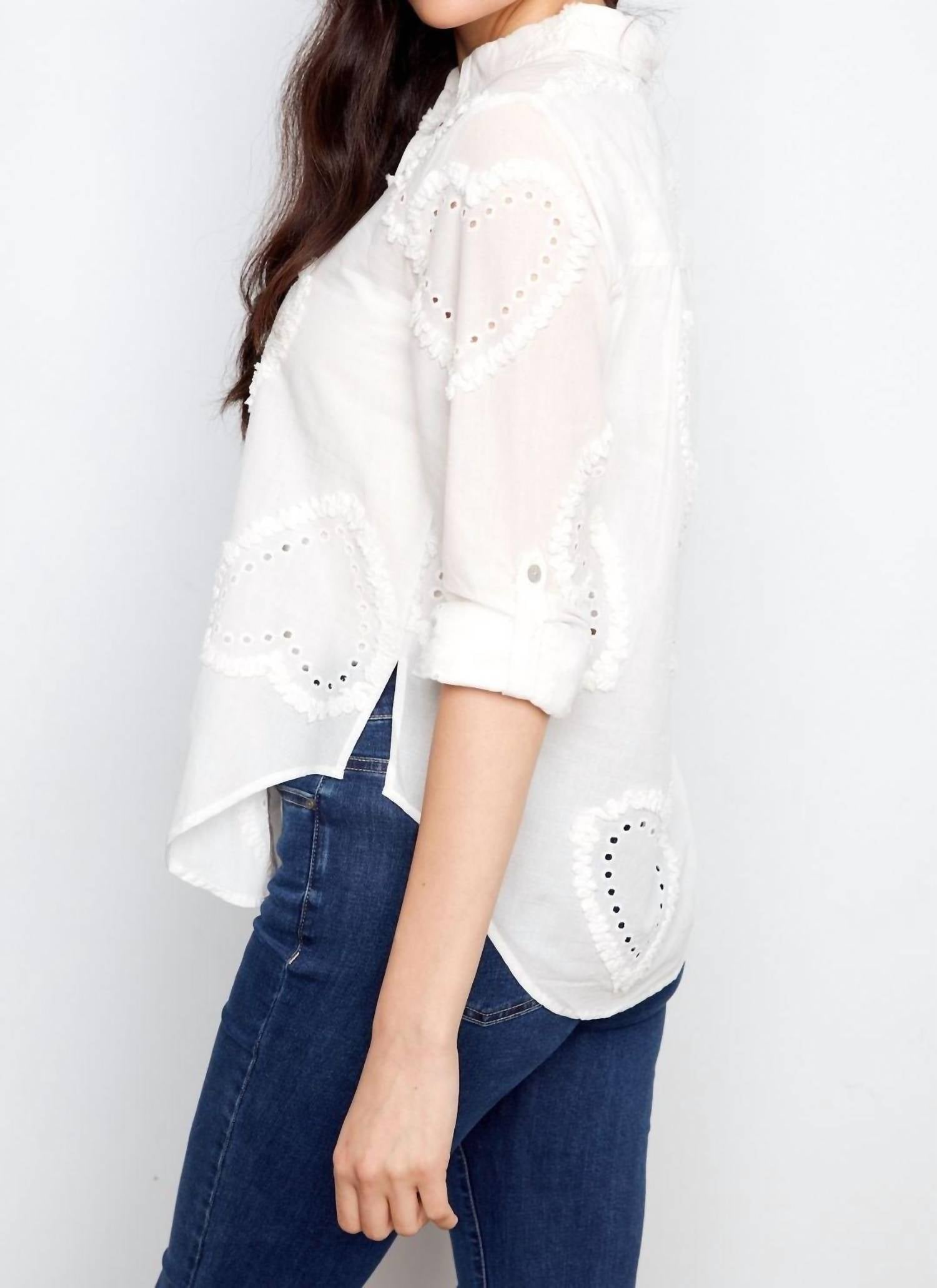 CHARLIE B Heart Textured Roll Up Button Down Blouse in white - women's blouse - alternate view
