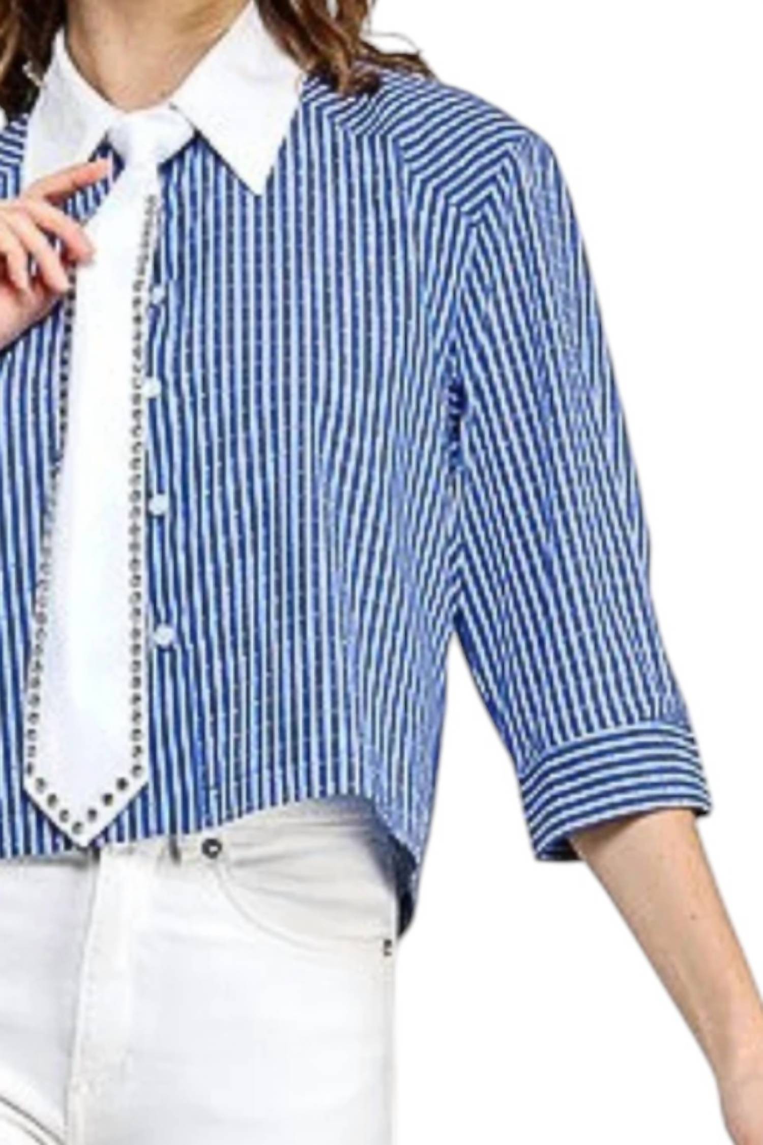 Pastel Design - Roberta Embellished Striped Cropped Shirt With Tie