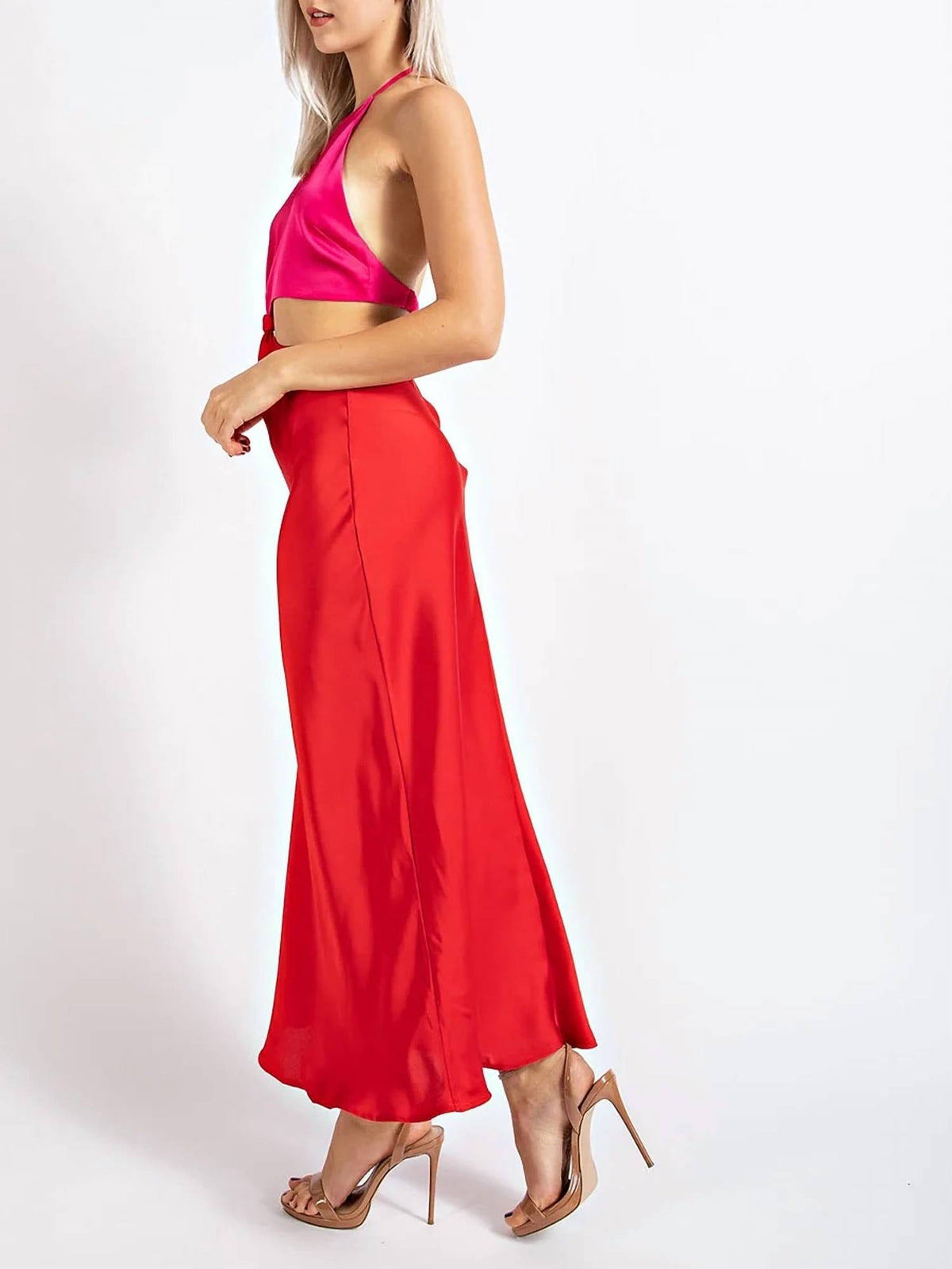 Edit By Nine - Color Block Satin Cutout Mock Neck Maxi Dress