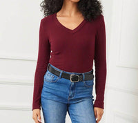 Karen Kane Long Sleeve Ribbed V-Neck Top in wine - women's long sleeve top - view 4