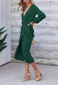Nihao Jewelry - Women's V Neck Belted Knit Dress