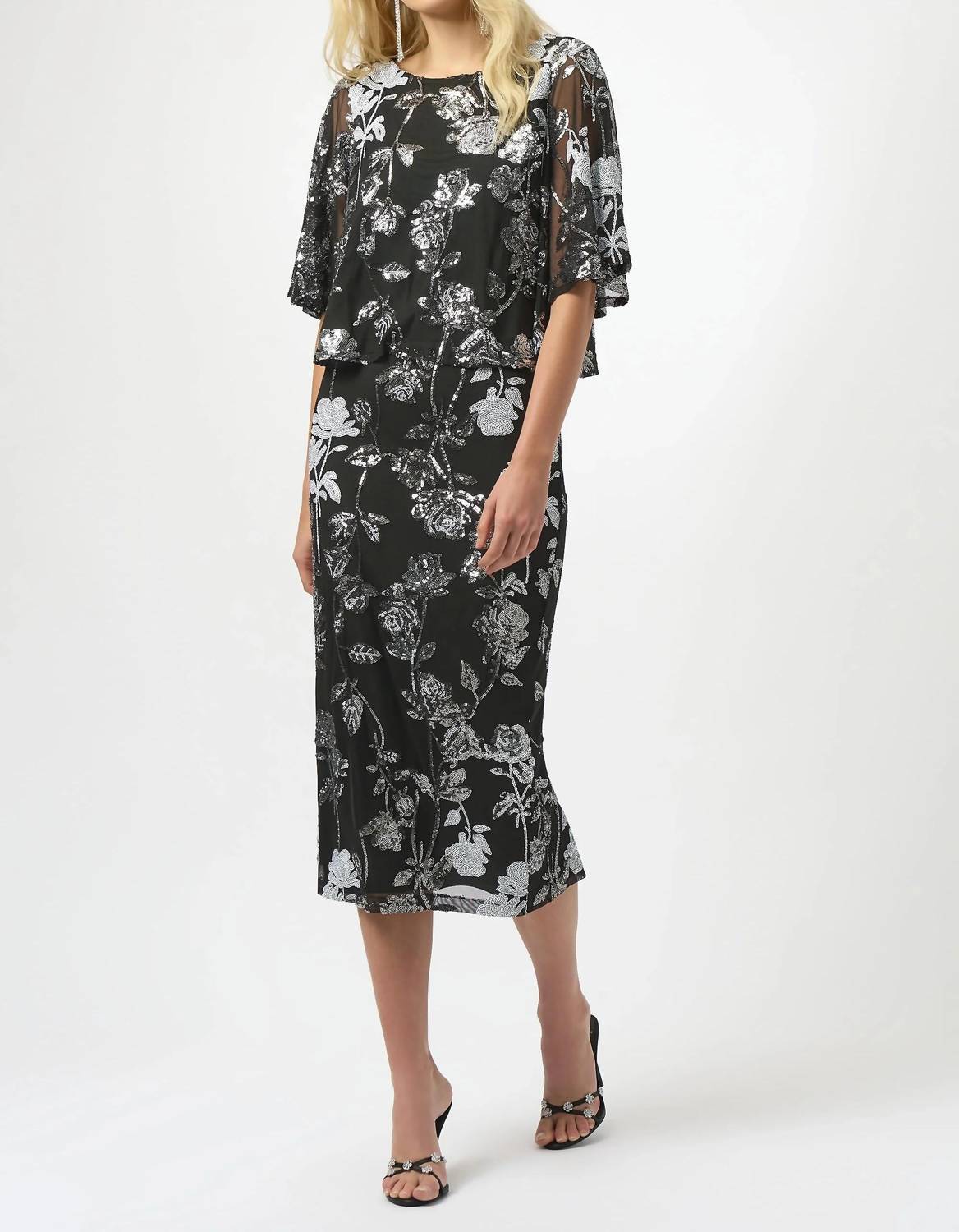 Joseph Ribkoff - Sequined Floral Mesh Midi Pencil Skirt