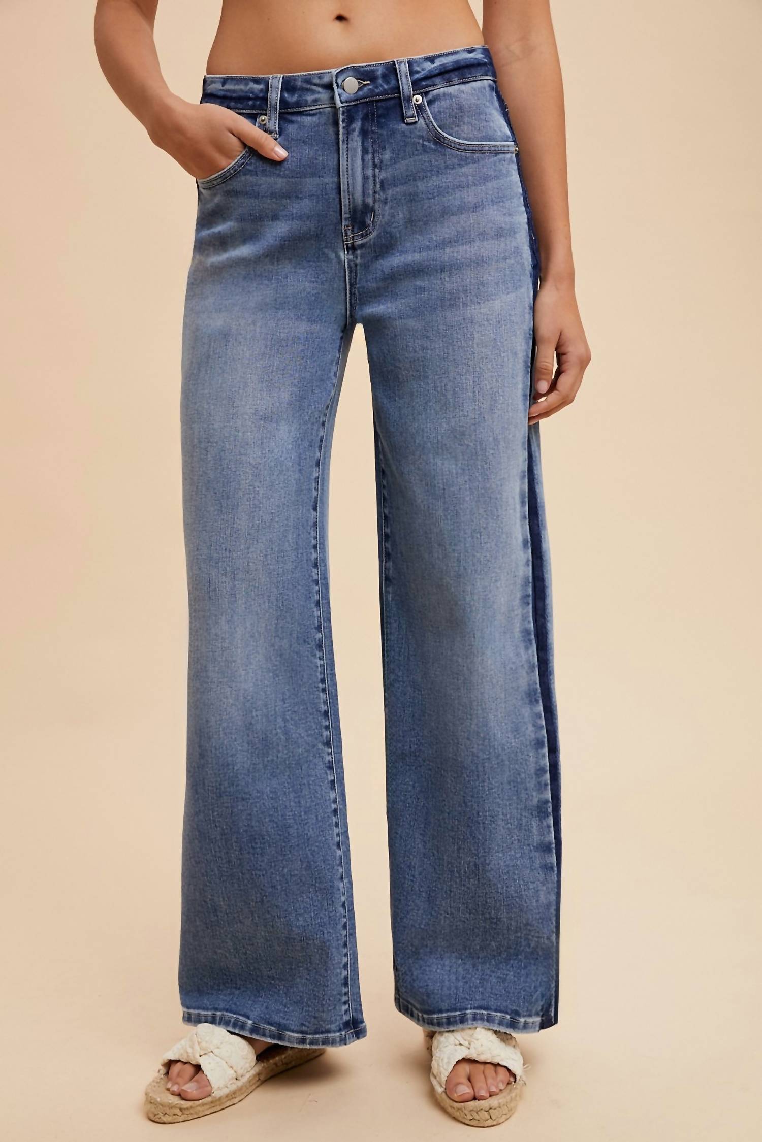 AnnieWear Stretch Side Stripe High Rise Baggy Straight Leg Jean in medium blue - women's jeans - view 5