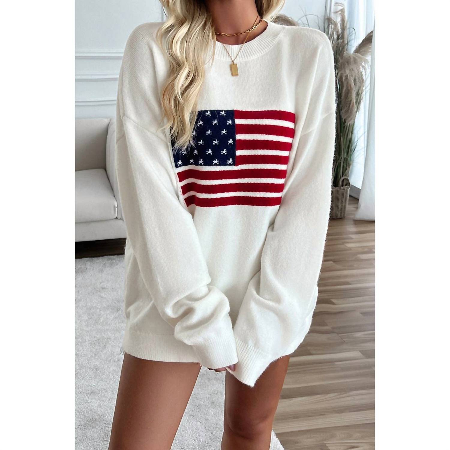 Supreme Fashion - Knit Round Neck Flag Print Loose Fit Sweater
