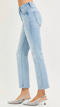 RISEN High Rise Tummy Control Ankle Straight Jeans in blue - women's jeans - detail view