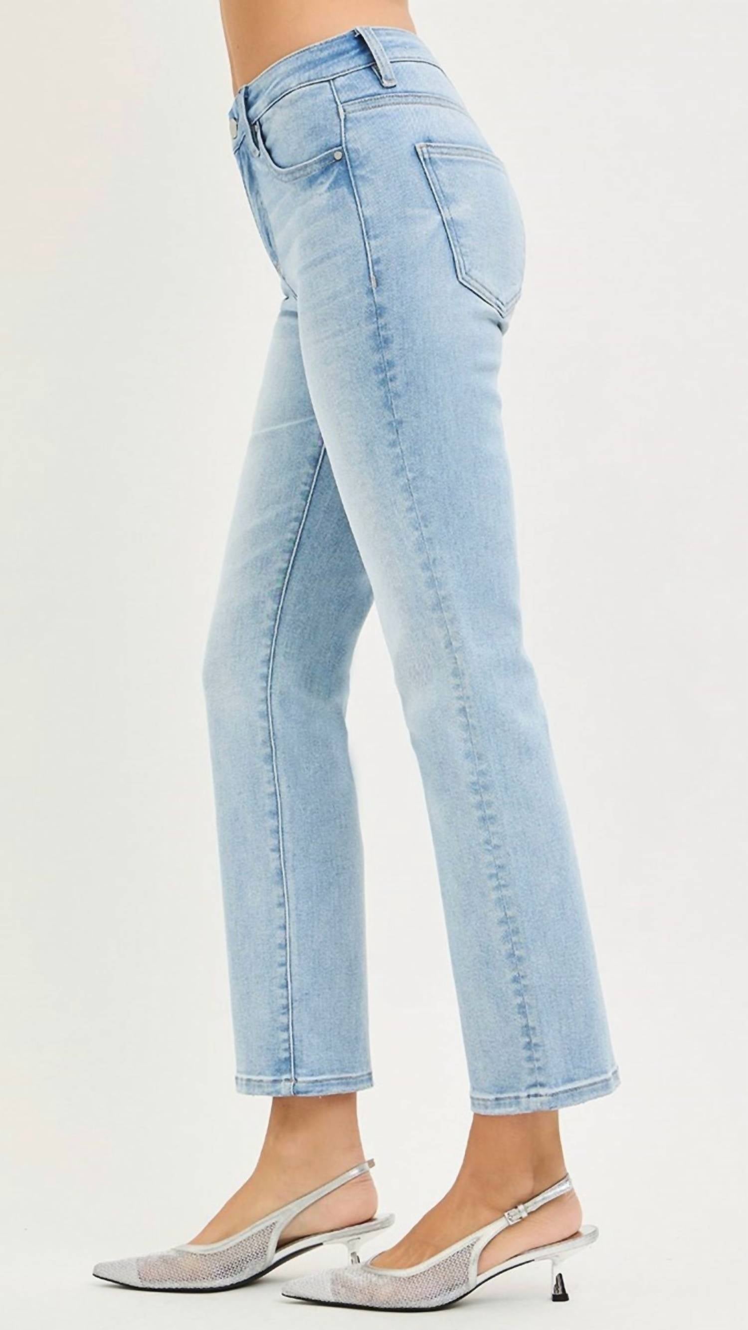RISEN High Rise Tummy Control Ankle Straight Jeans in blue - women's jeans - detail view