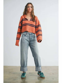 Rowan + Riot - Fuzzy Stripe Detail Johnny Collar Sweater
