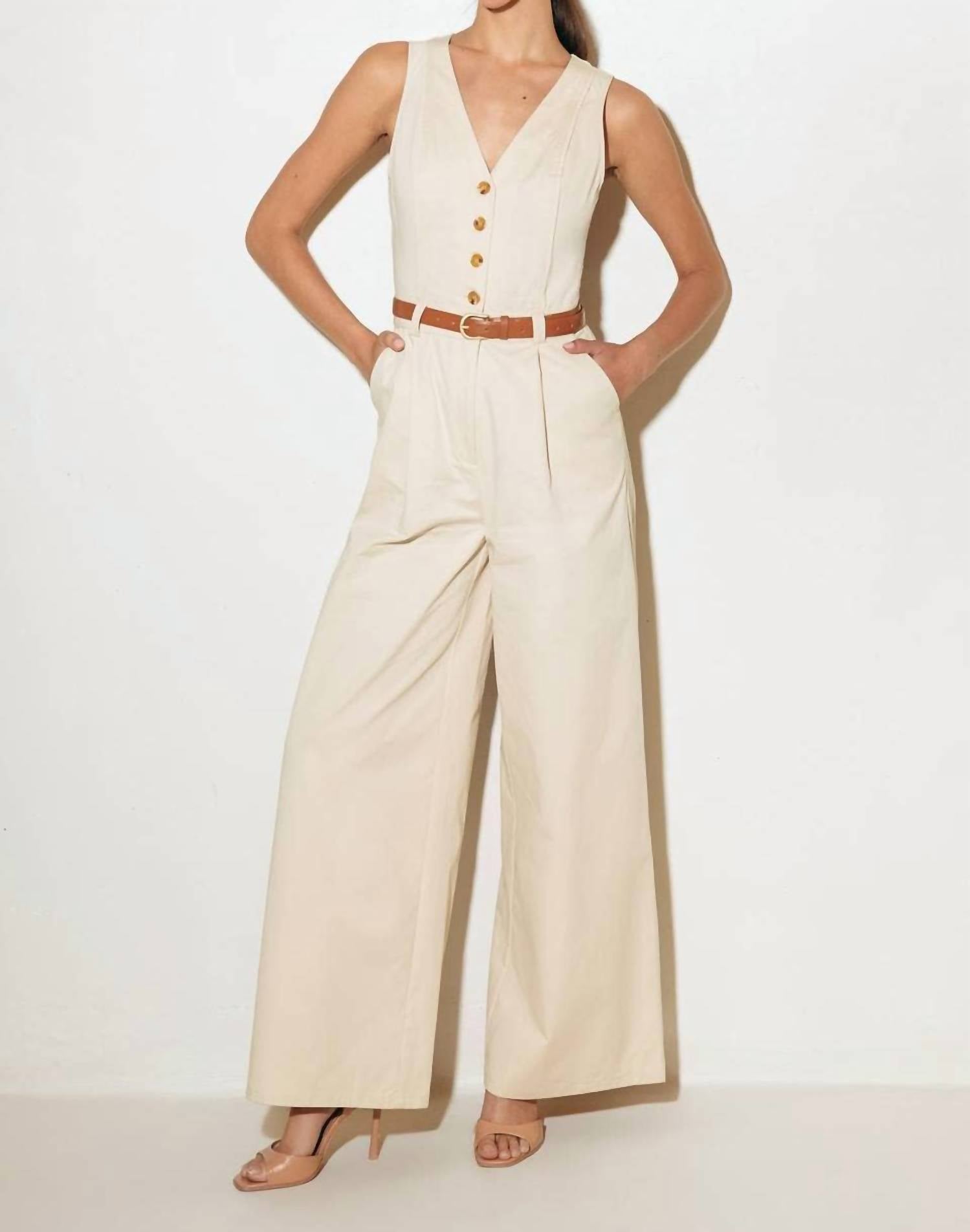 FLYING TOMATO Solid Woven Jumpsuit in almond - women's pants - detail view