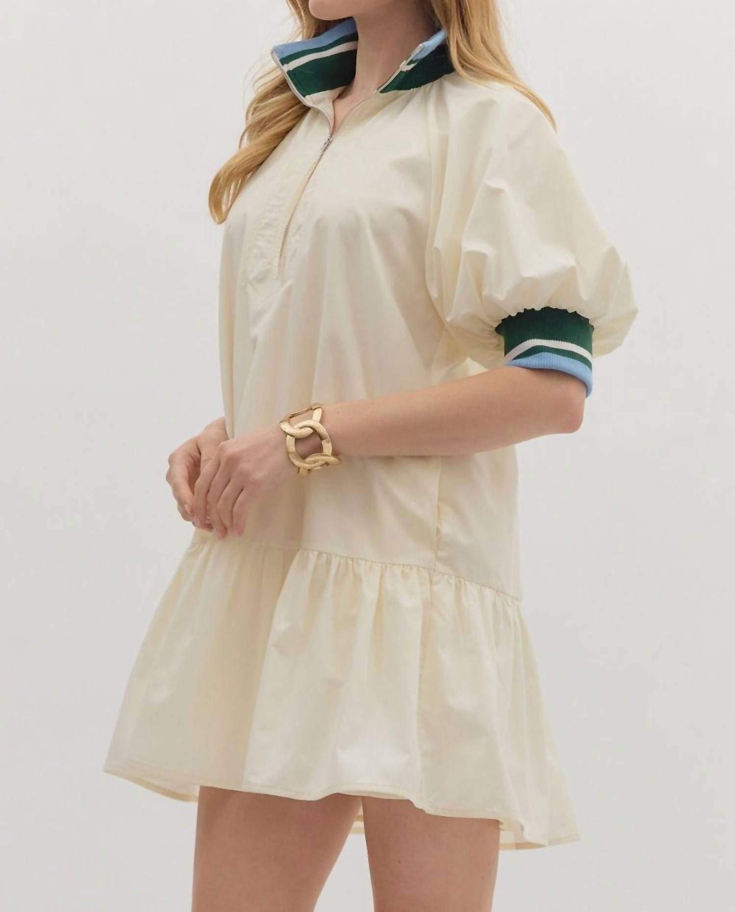 entro Zippered Collar Dress with Contrast Trim in cream - women's dress - detail view