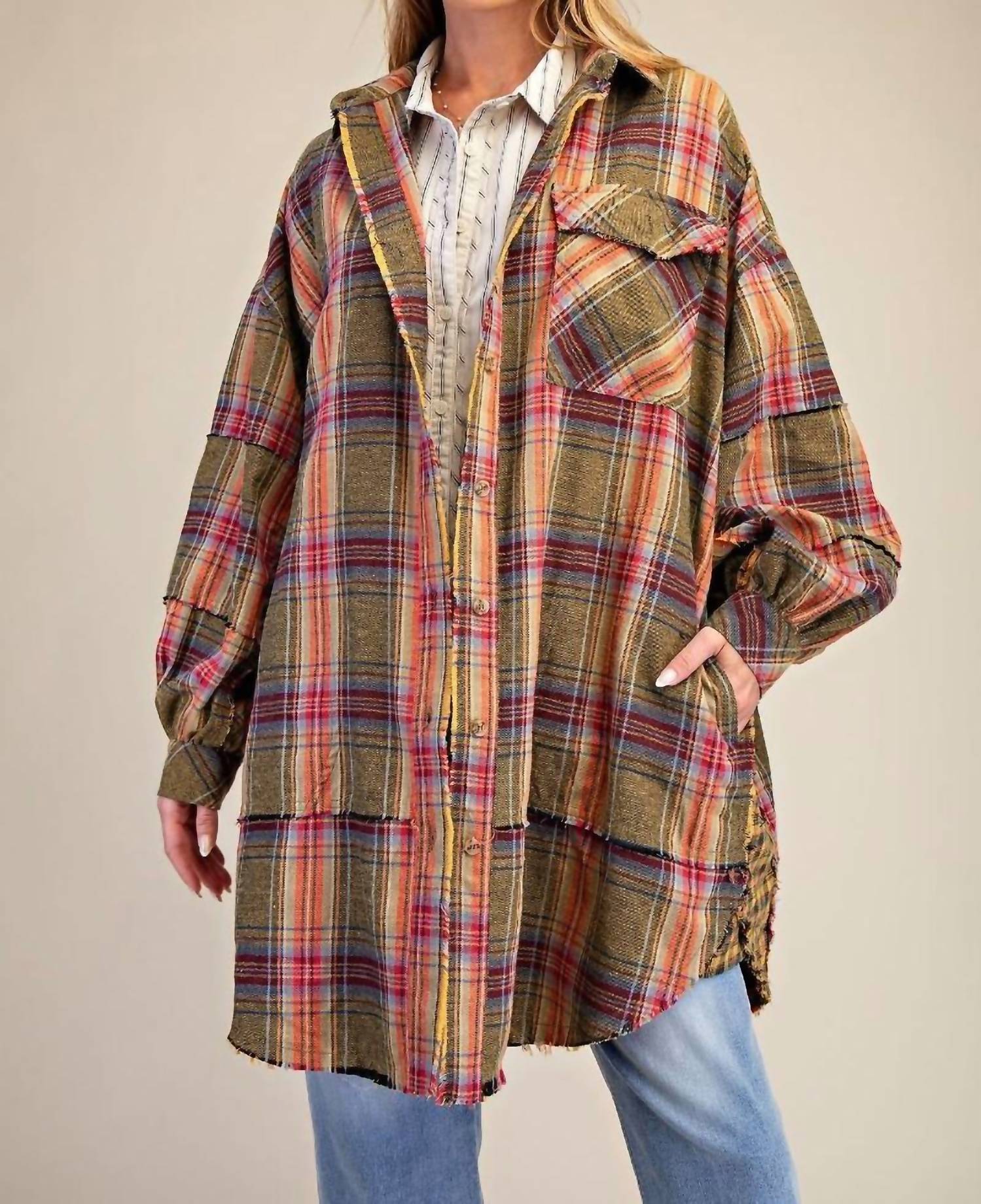 Easel - Golden Kiwi Plaid Shacket