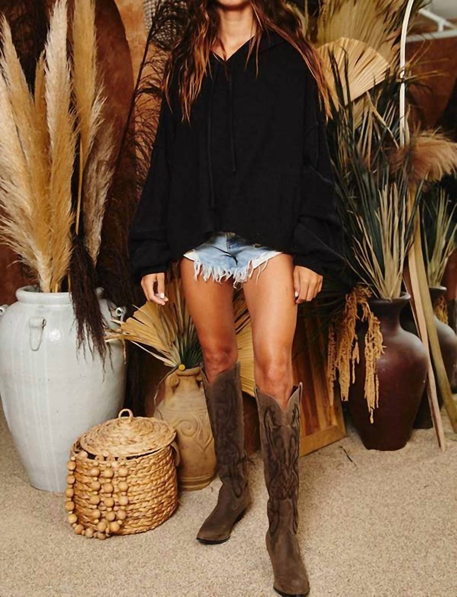 BUCKETLIST Raw Edge Details Oversize Hoodie Top in washed black - women's top