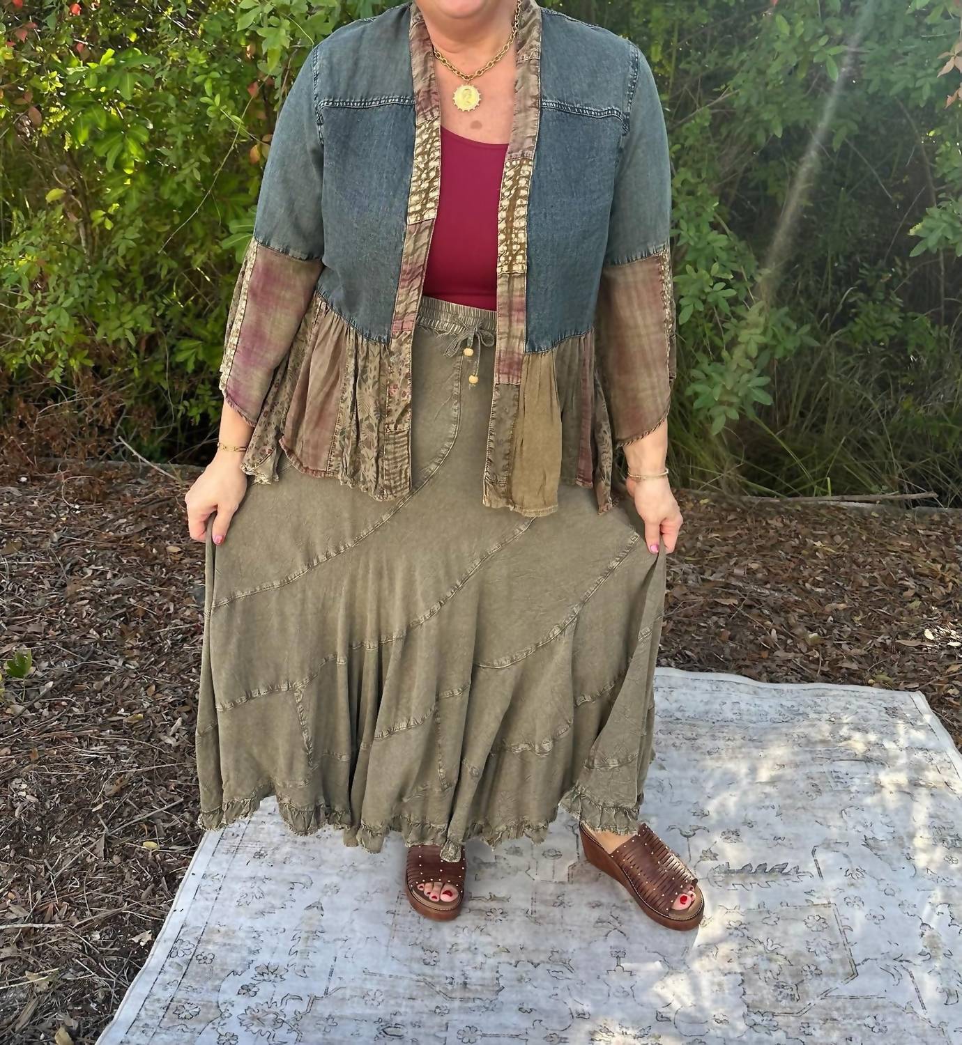 Young Threads - Bell Sleeve Patchwork Denim Kimono Shrug