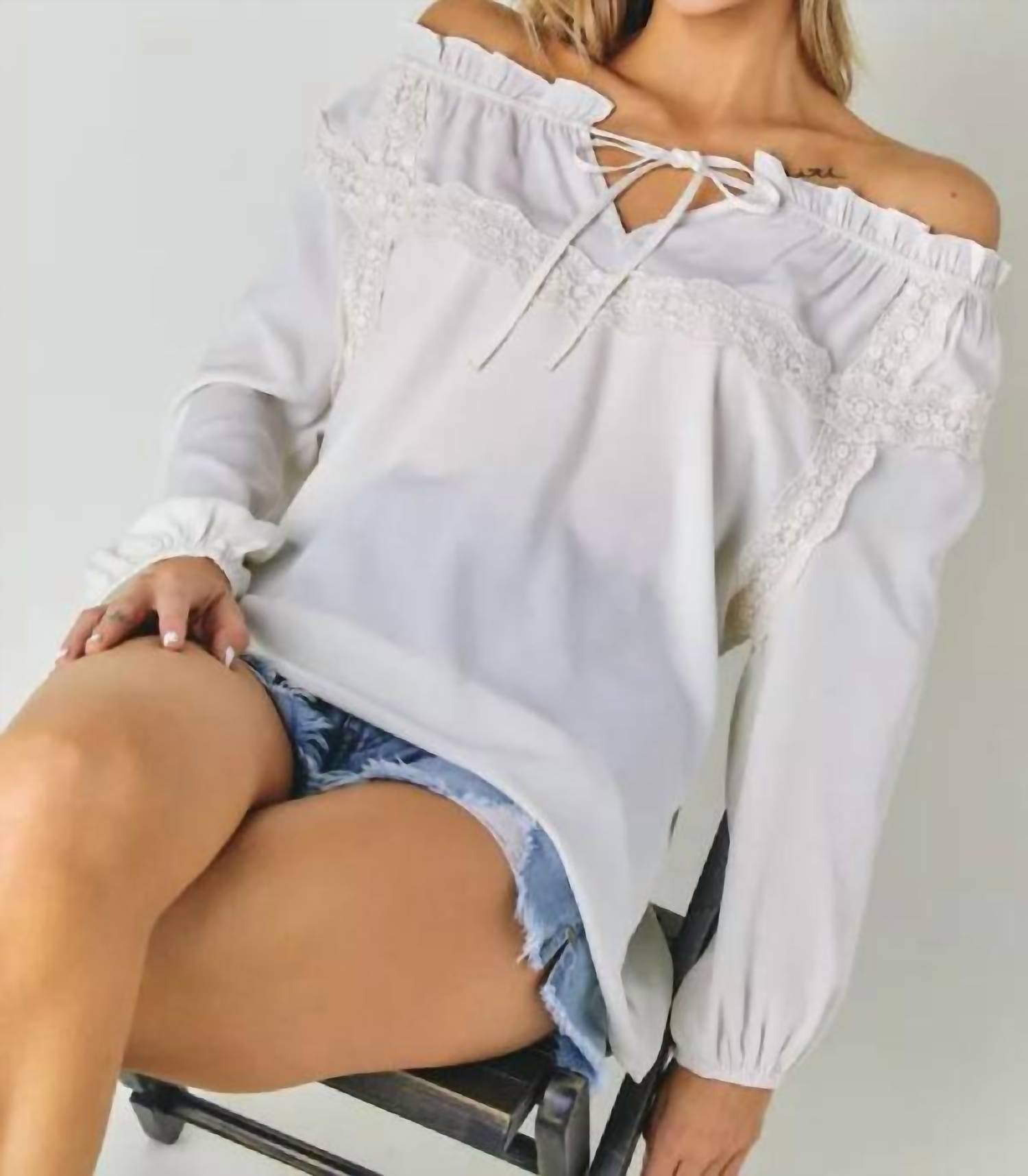 DAVI & DANI Lace Whisper Tie-Front Top in off white - women's blouse - view 5