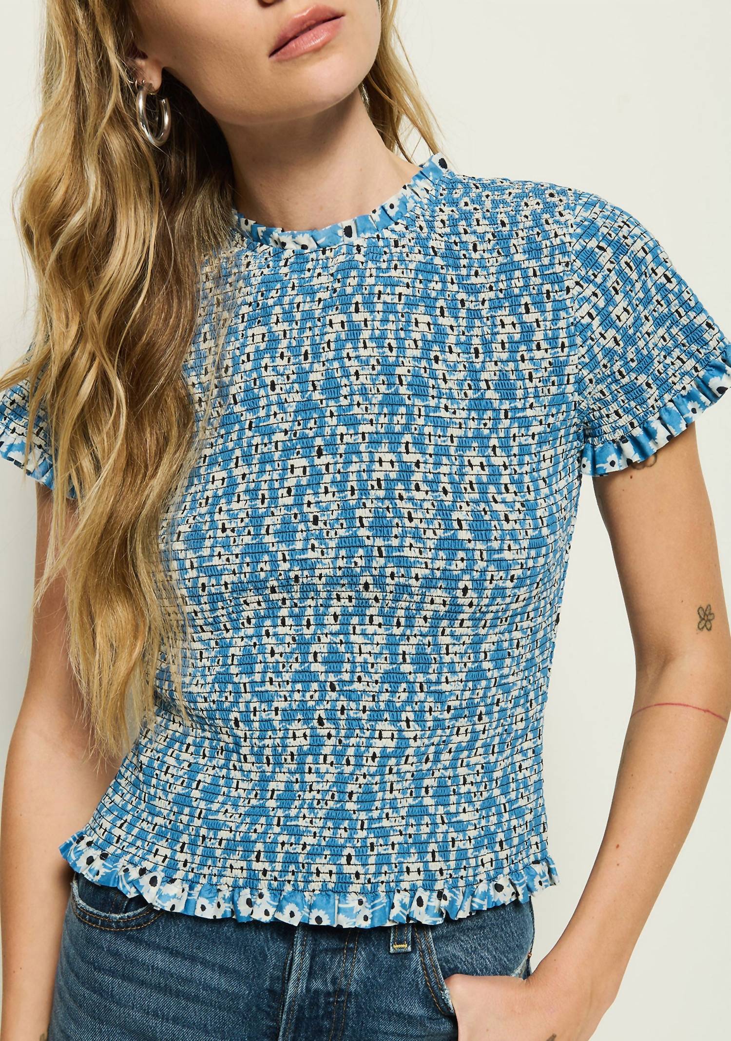 Nation LTD Evie Smocked Top in blue hazy daisy - women's blouse - detail view