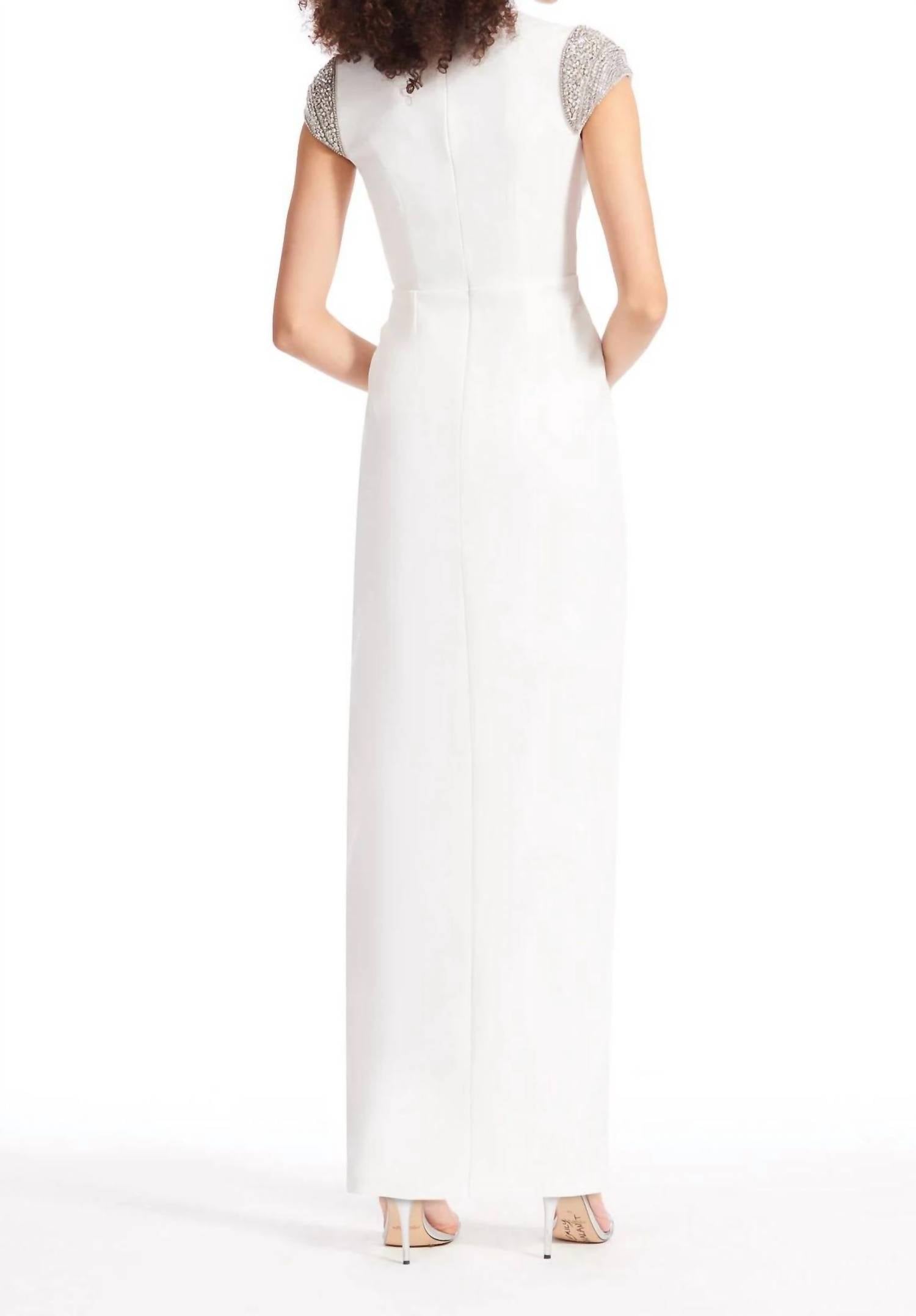 Emily Shalant - Women's Crew Neck Short Crystal Cap Sleeves Back Zipper Long Gown Dress
