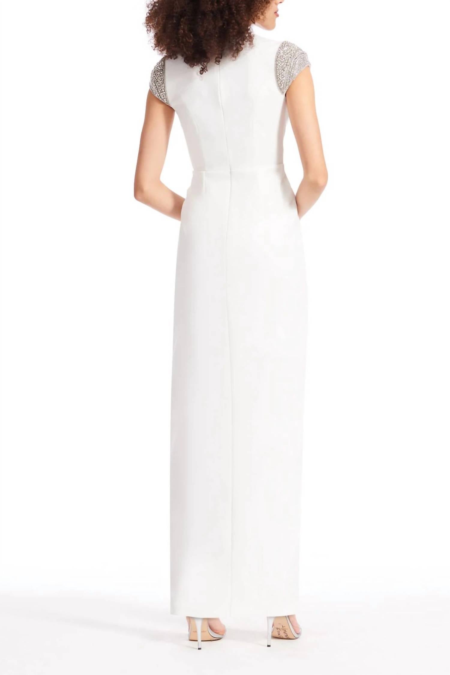 Emily Shalant - Women's Crew Neck Short Crystal Cap Sleeves Back Zipper Long Gown Dress
