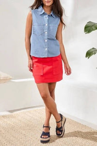 Tribal - Crop Sleeveless Denim Button Down Shirt