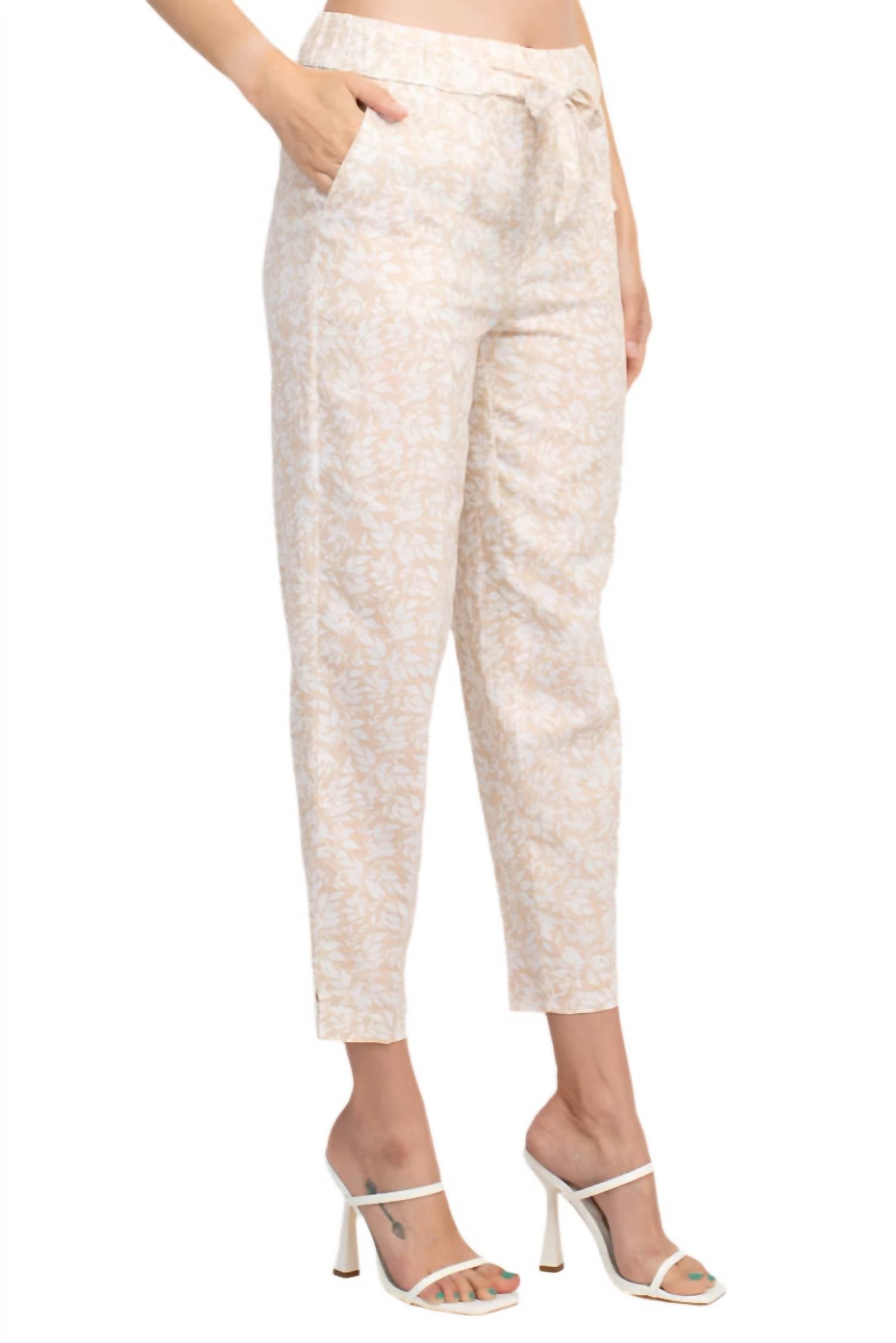 Land'N Sea - Women's Elastic Waist Tie Waist Multi Print Slit Hem Linen Pant