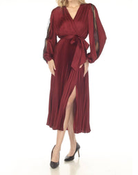 Joseph Ribkoff Pleated Satin Belted Midi Fit And Flare Dress in merlot - women's dress - view 4