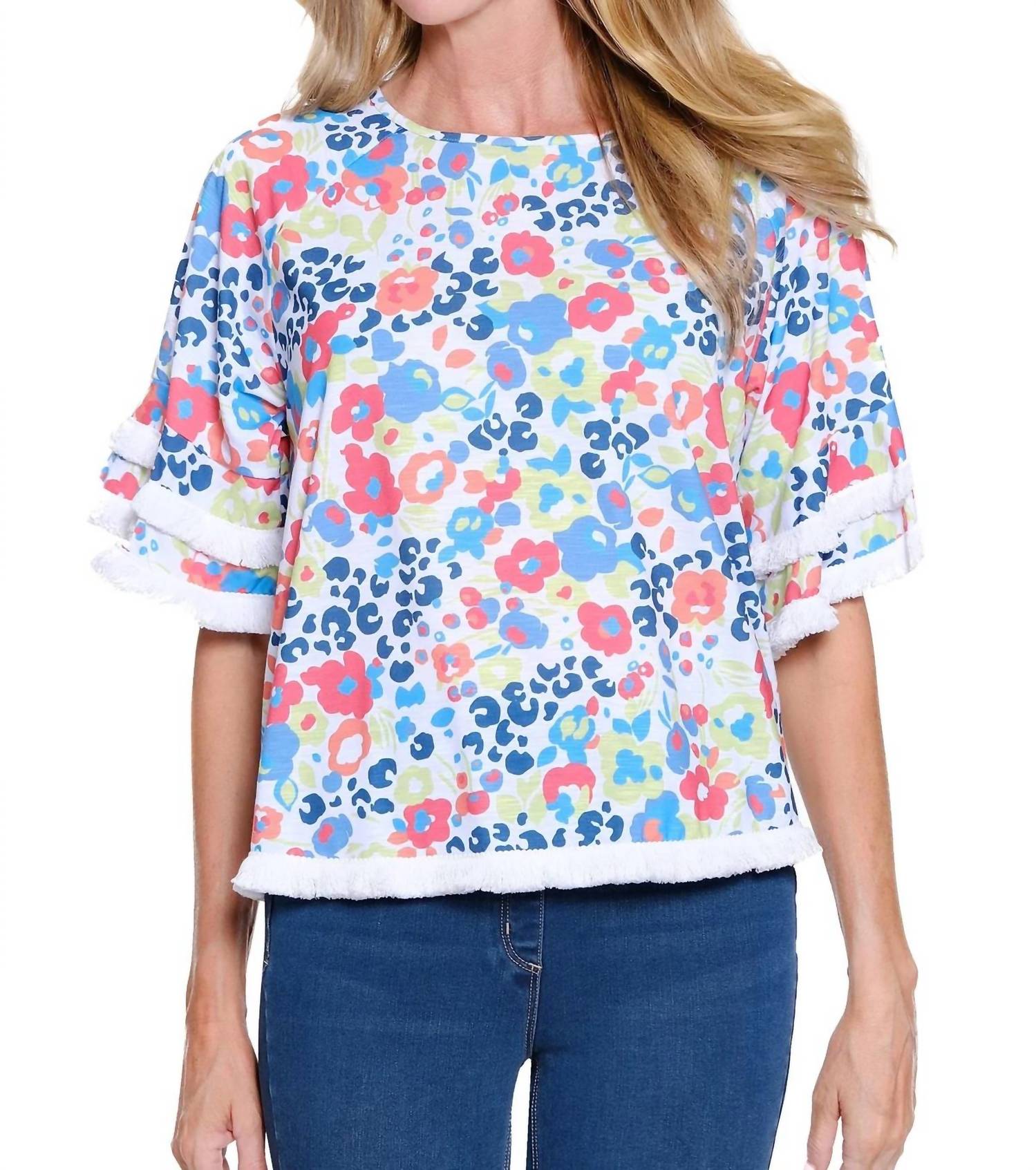 Multiples - Fringe Hem Raglan Elbow Sleeve Top