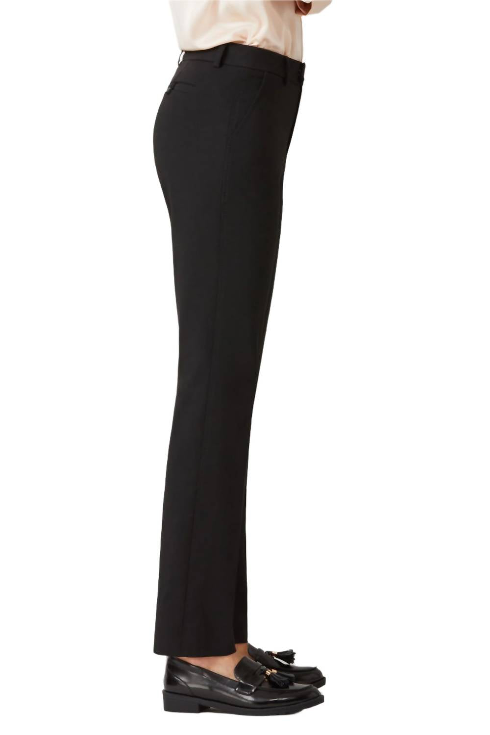 Ecru - Women's Mid Waist Hook Button Zip Closure Belt Hoop Straight Solid Crepe Pants