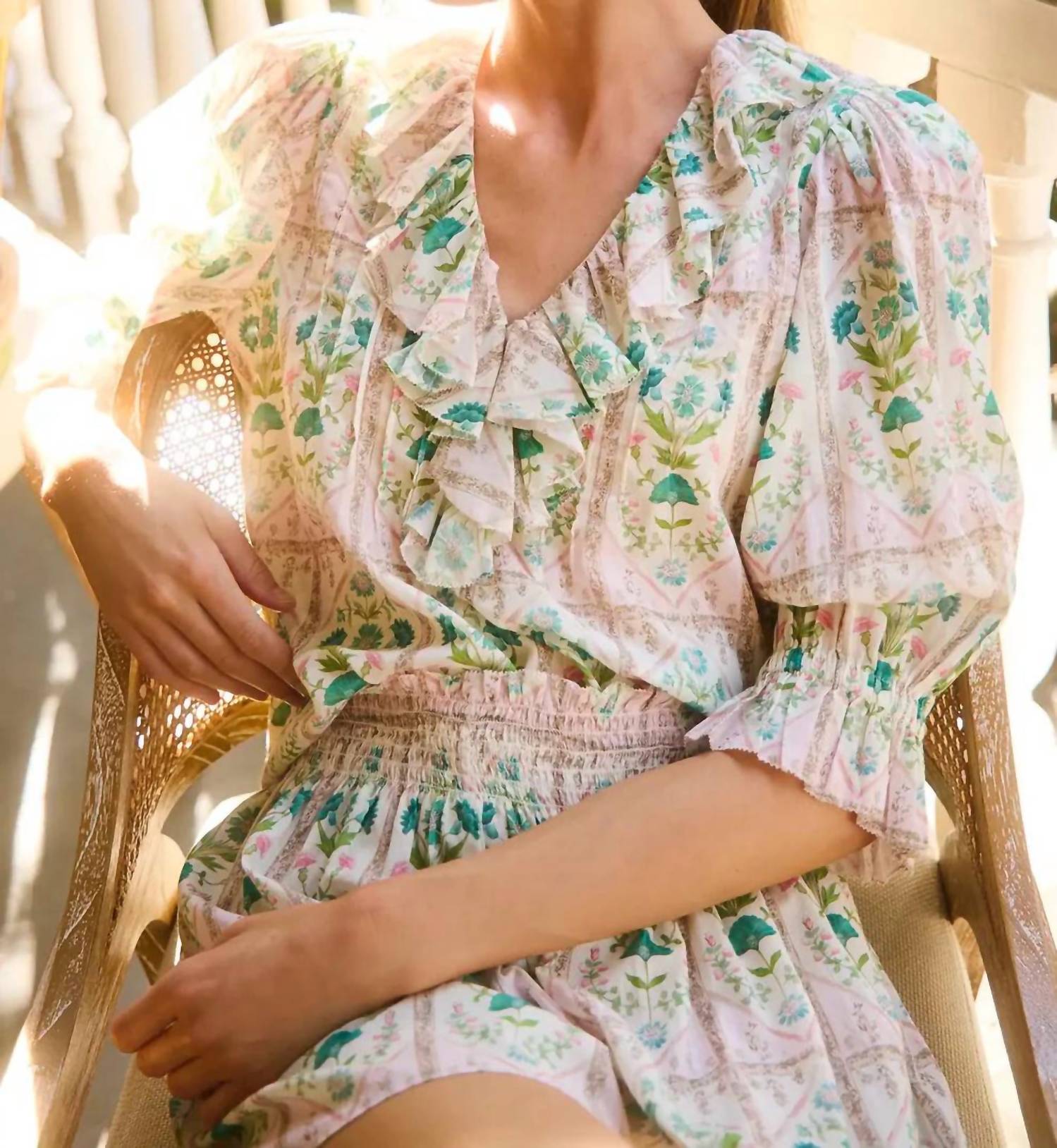 HUNTER BELL Imogen Blouse in pink trellis - women's blouse - detail view