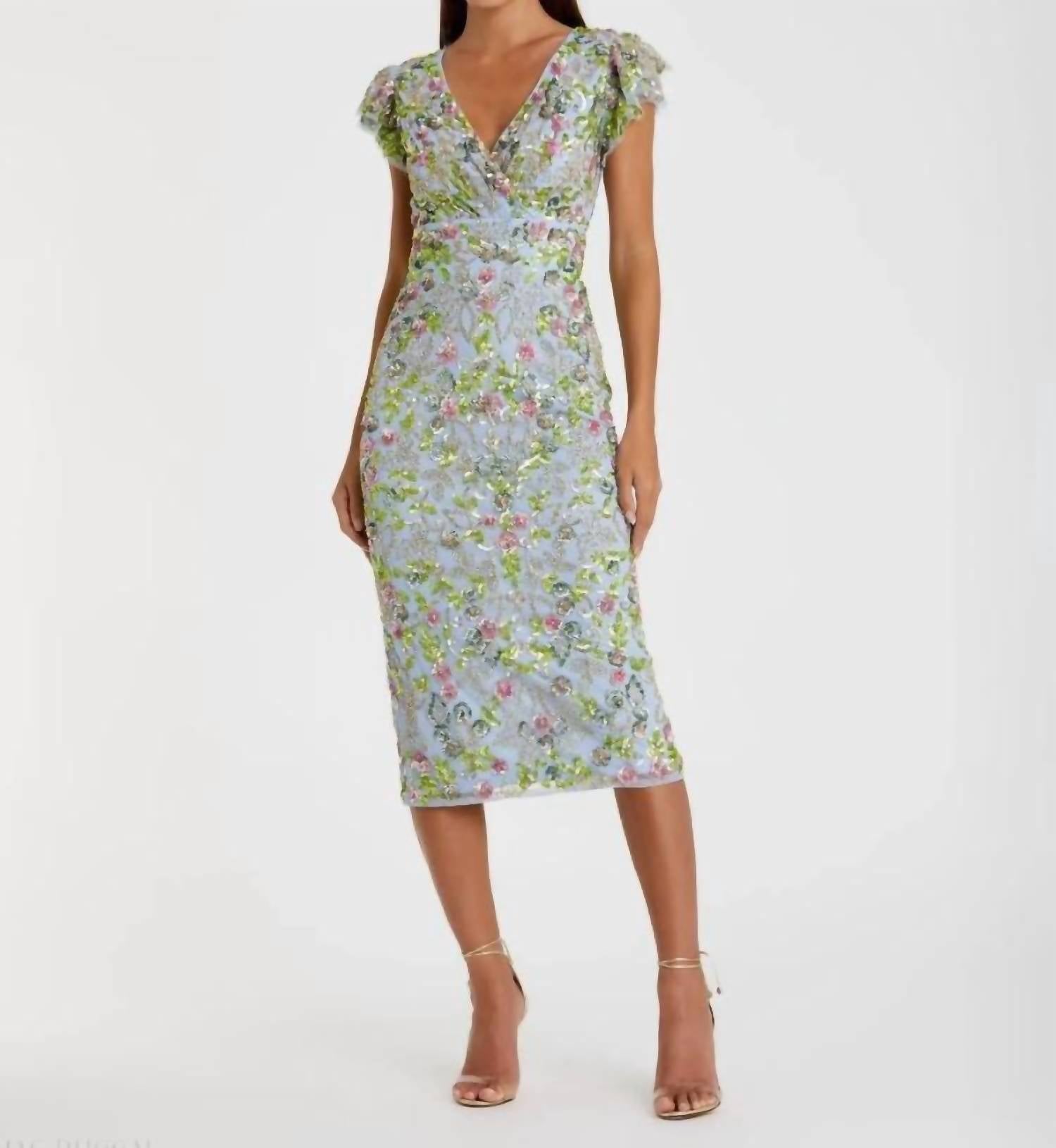 Mac Duggal - Floral Sequin Embellished Flutter Cap Sleeve Dress