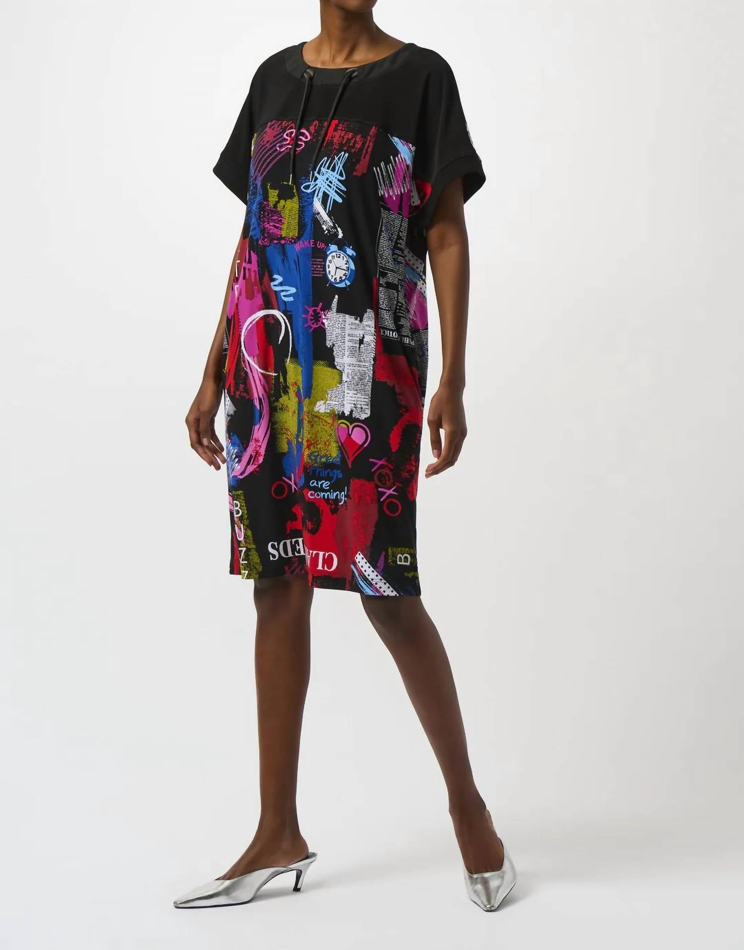 Joseph Ribkoff Word Print Scoop Neck Shift Dress in black multi - women's dress