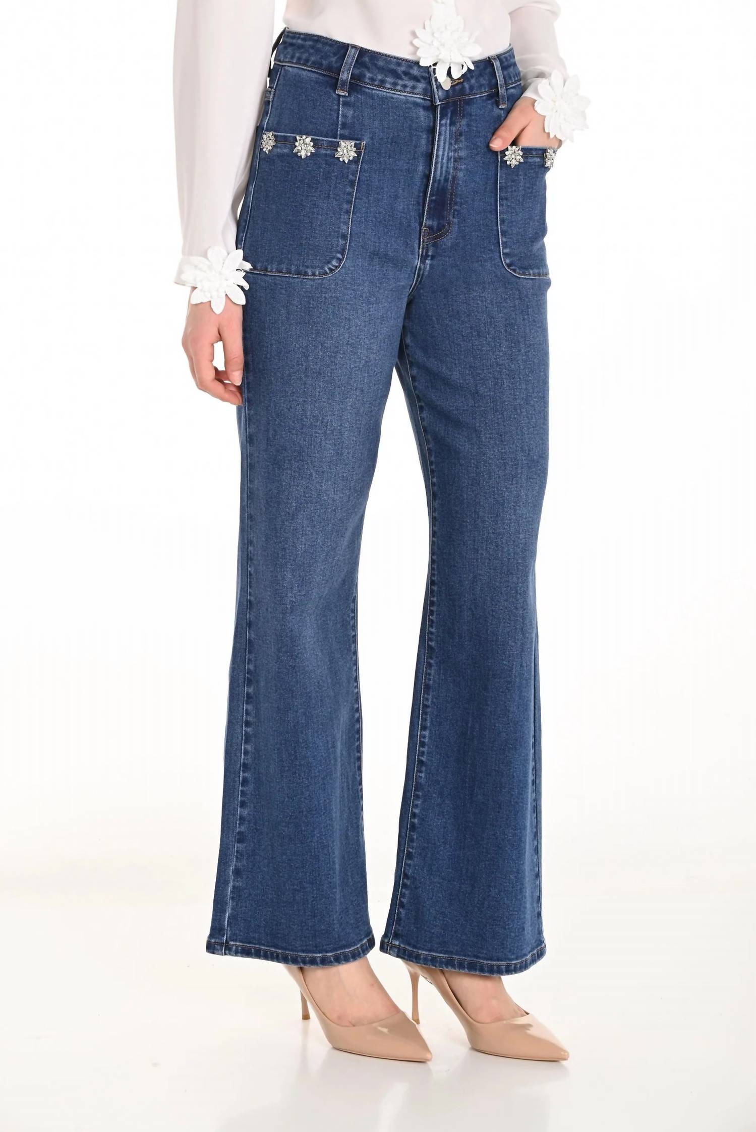 Frank Lyman Fawn Fit And Flare Jean With Jewel Embellishments in blue denim - women's jeans