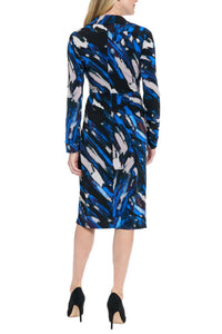 London Times - Cinched Waist Faux Wrap Draped Sheath Midi Dress