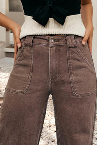 Little Daisy Closet Washed Retro Wide Leg Jeans in mocha brown - women's jeans - detail view