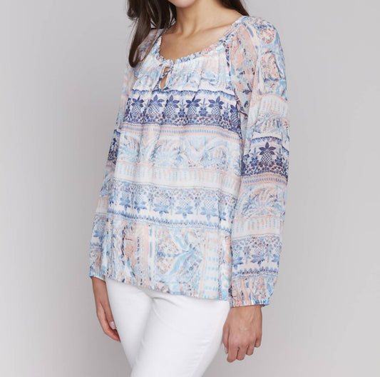 Charlie B - Printed Raglan sleeve blouse with elastic at cuff
