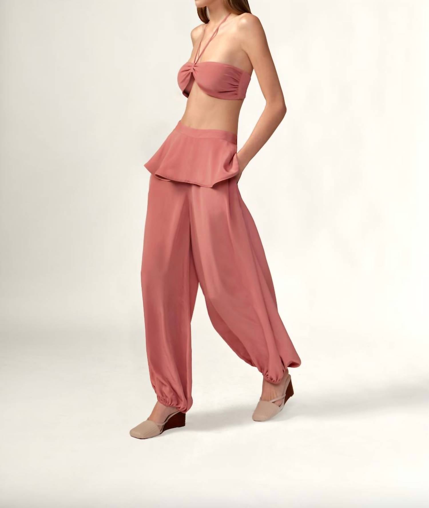 ADRIANA DEGREAS Solid Peplum Maxi Pants in vintage rose - women's pants