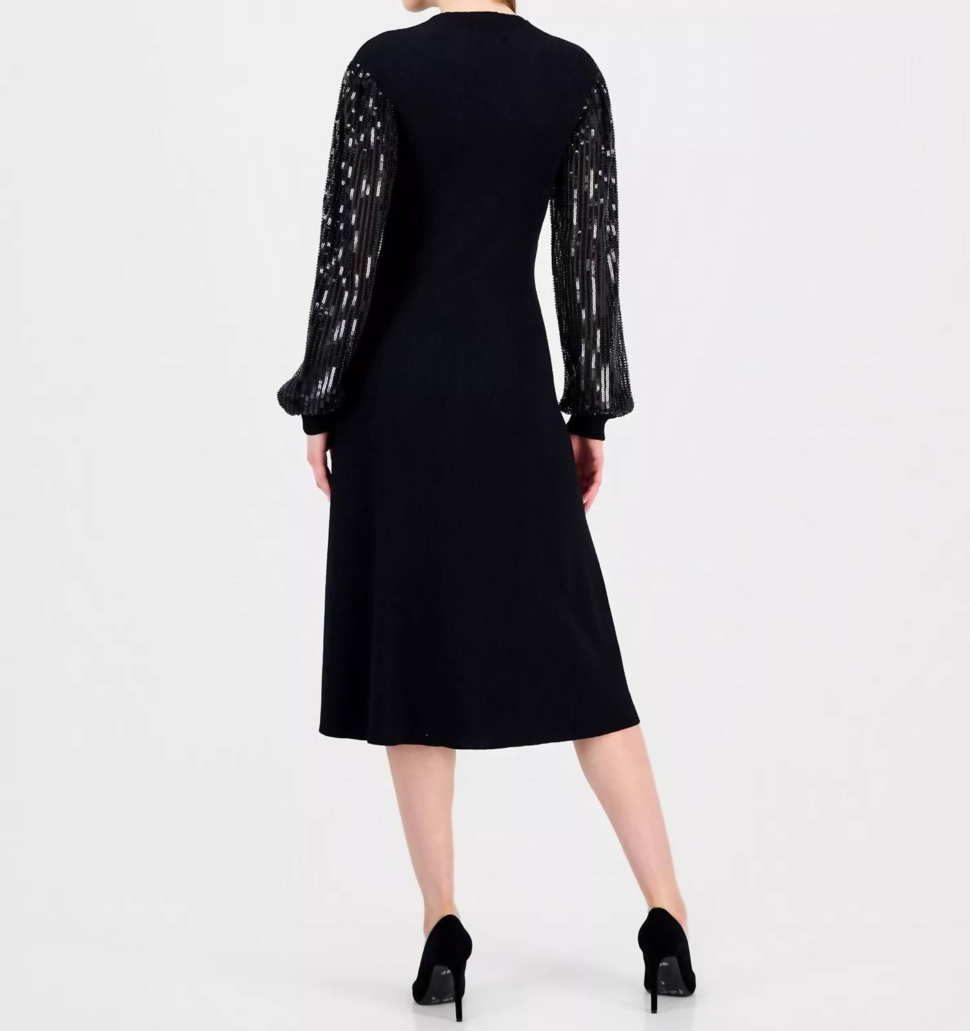 T Tahari - Embellished-sleeve Ribbed Dress