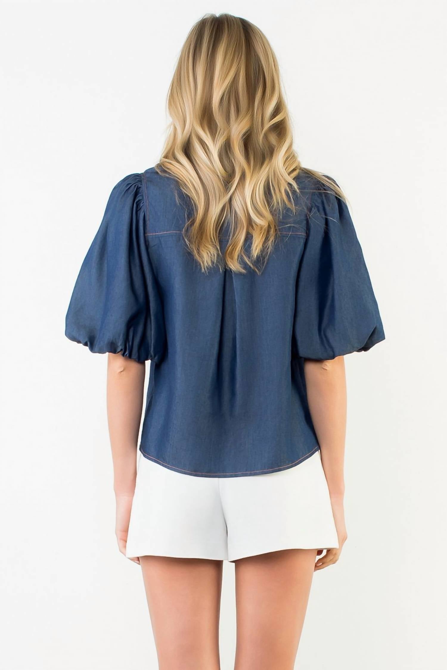 Thml - Stitched In Style Puff Sleeve Denim Top