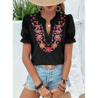 Rosa Clothing Women's Swiss Dot Puff Sleeve Floral Embroidery Top in black - women's blouse