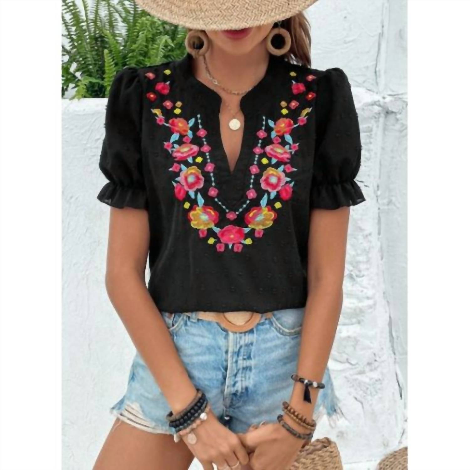 Rosa Clothing Women's Swiss Dot Puff Sleeve Floral Embroidery Top in black - women's blouse