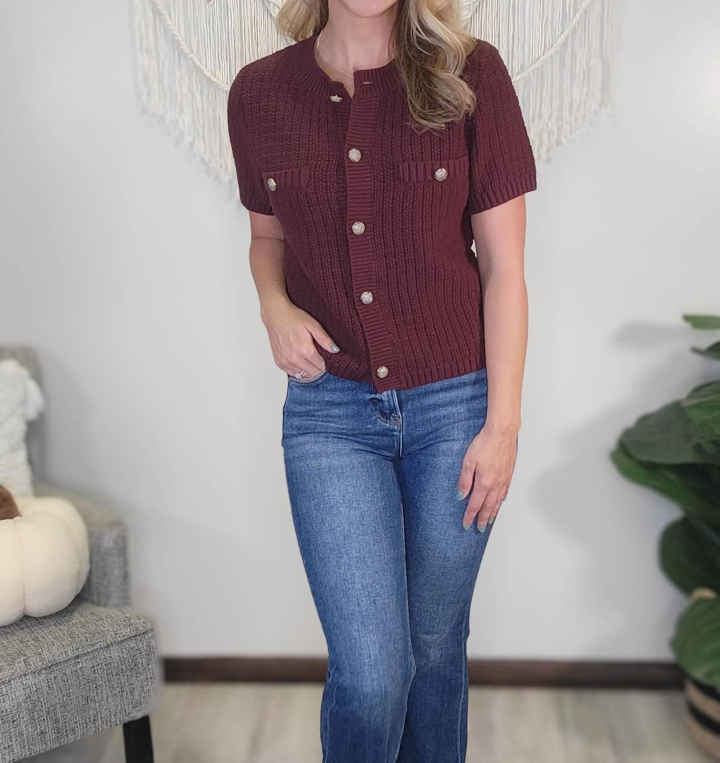 Hem & Thread Finley Sweater Top in red - women's t-shirt