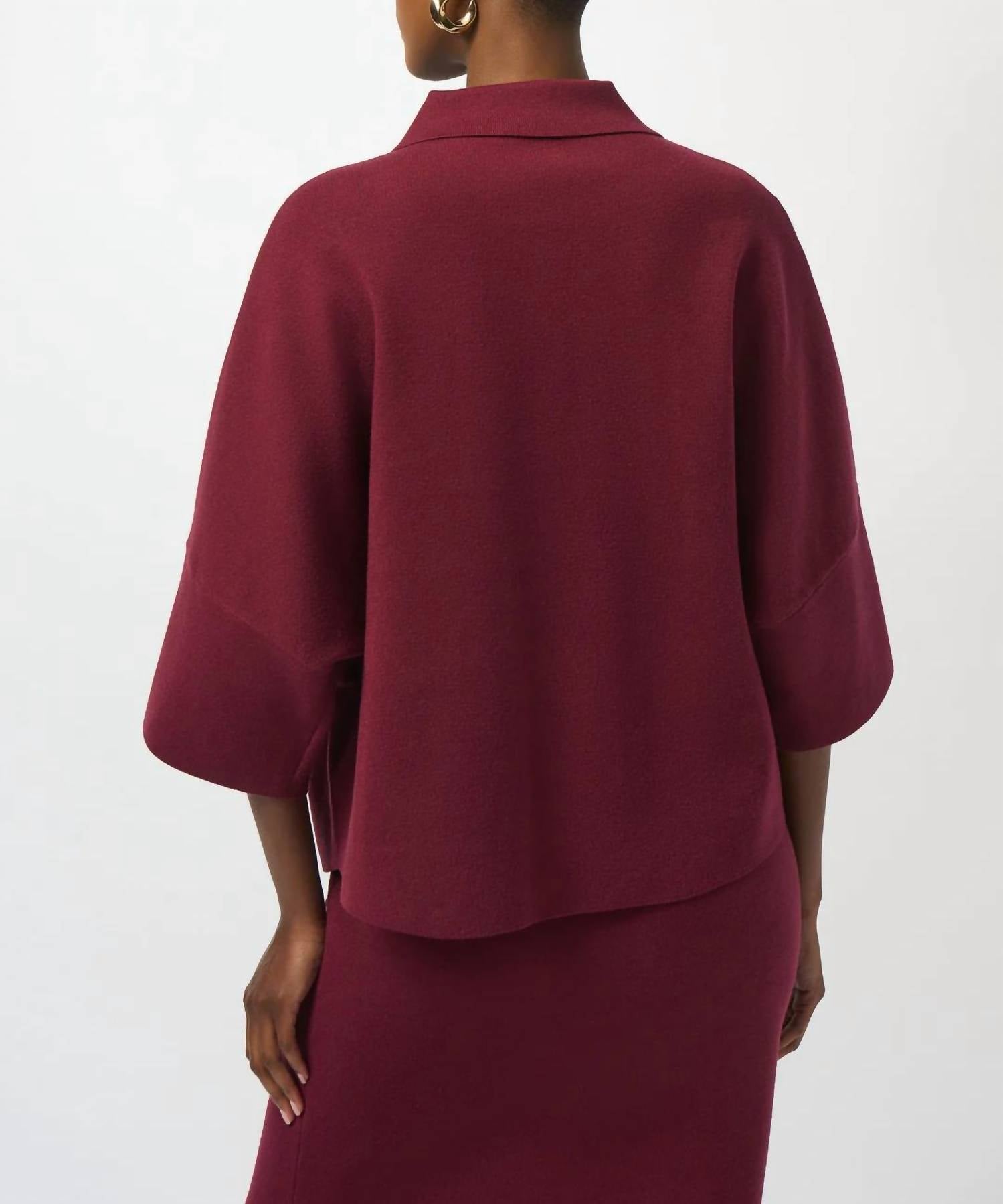 Joseph Ribkoff Collared 3/4 Sleeve Boxy Sweater Top in merlot - women's sweater - detail view
