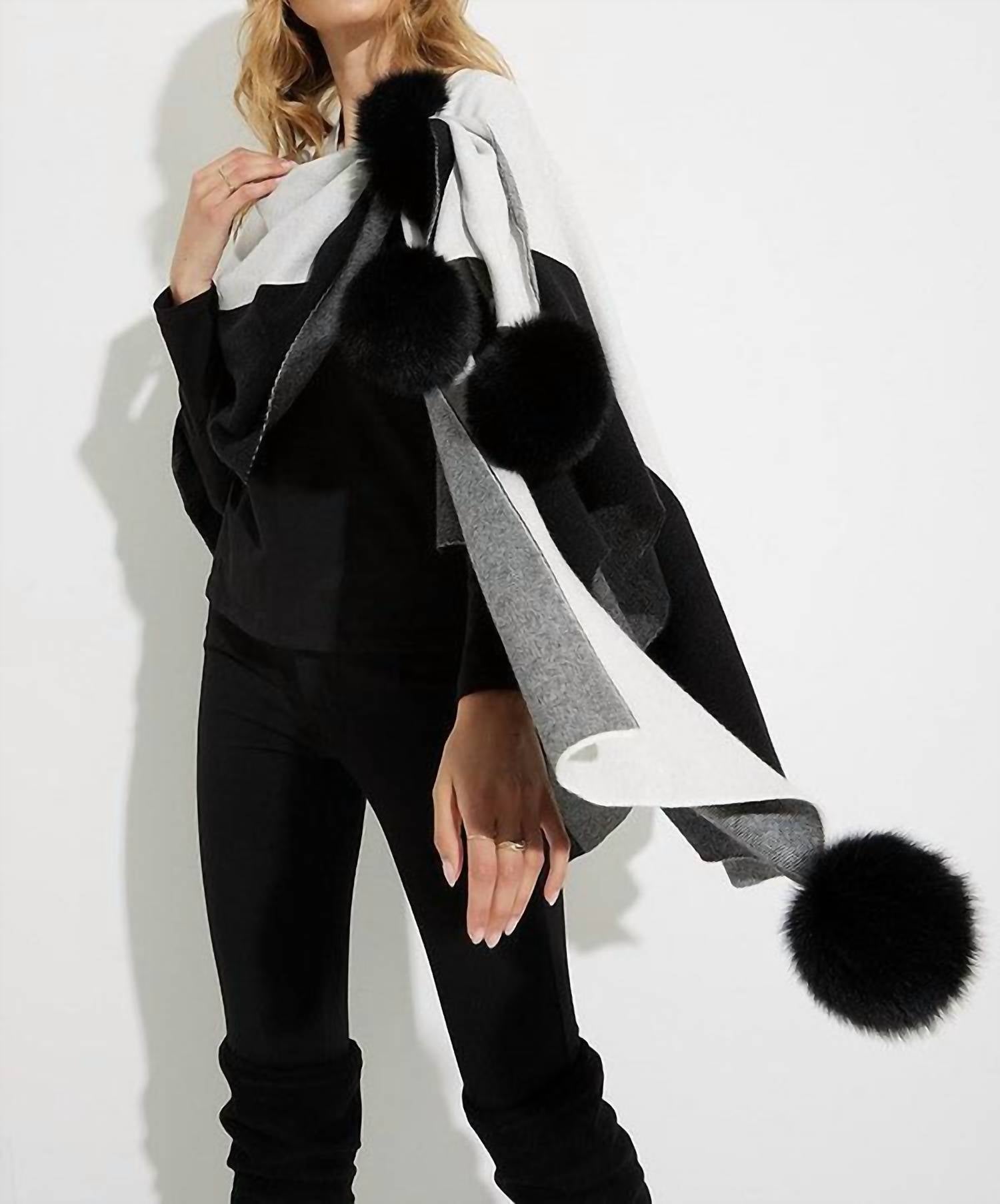 Joseph Ribkoff - Tamara Two-tone Poncho With Faux Fur Pom Poms