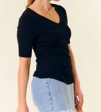 Doe And Rae - V-neck Button Trim Half Sleeve Tee