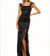 Sherri Hill Fitted Ruffle Satin Gown With High Slit in black - women's dress - detail view