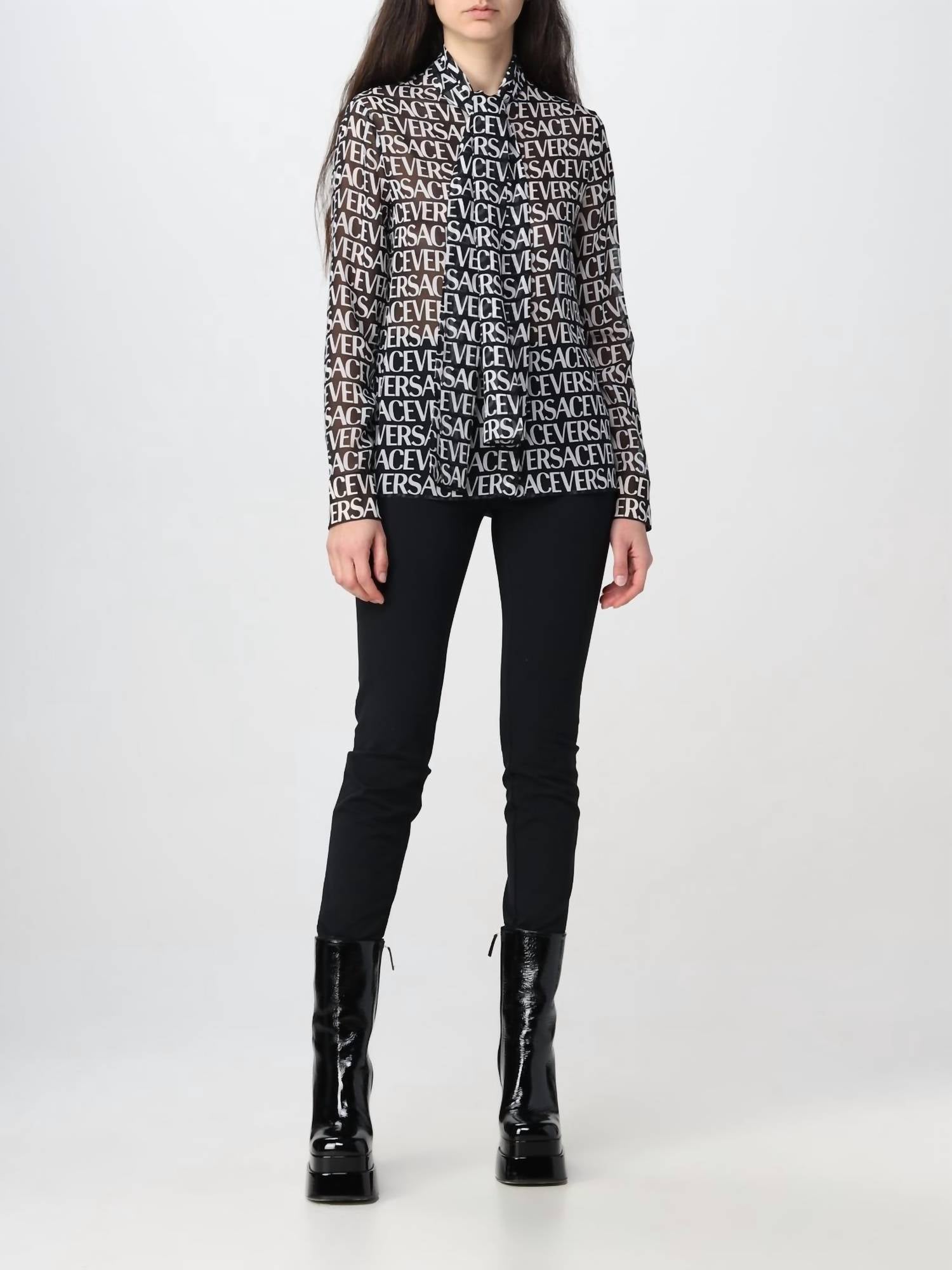 Versace - All-over Logo Bow Strap Silk Blouse